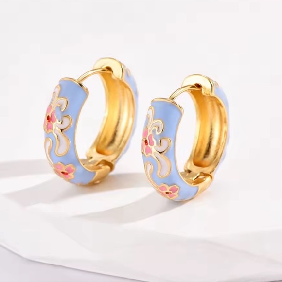 Blue Floral Gold Hoop Earrings - Picture 7 of 7